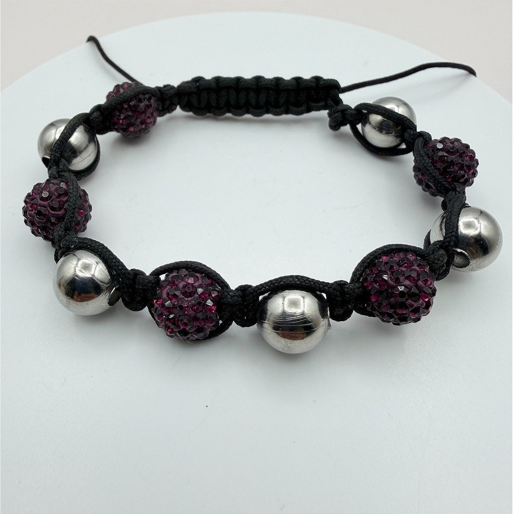 Vintage 90s Black Cord Purple Disco Ball Shamballa‎ Bracelet Women's Jewelry